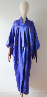 "Gold Dragon" Vintage 1940's Royal Blue Silk Gold Dragon Embroidered Kimono  UK 10-14 US 6-10