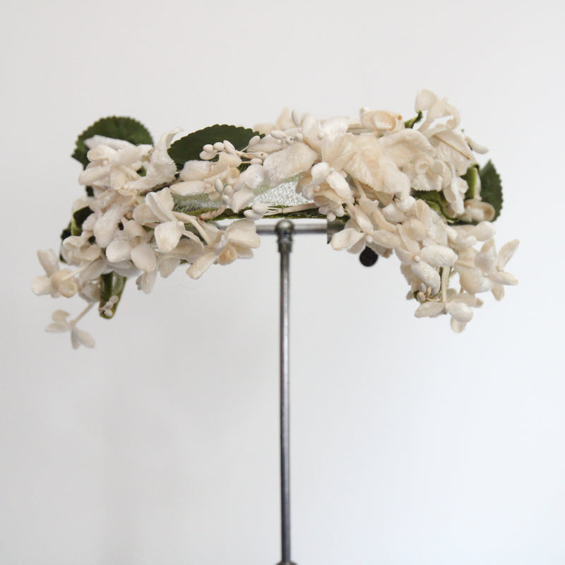 "Velvet Jasmine" Vintage 1950's Cream and Green Velvet Floral Hat