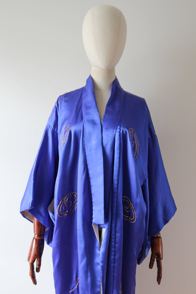 "Gold Dragon" Vintage 1940's Royal Blue Silk Gold Dragon Embroidered Kimono  UK 10-14 US 6-10