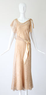 "Champagne Lace & Silk" Vintage 1930's Silk & Lace Evening Gown UK 6-8 US 2-4