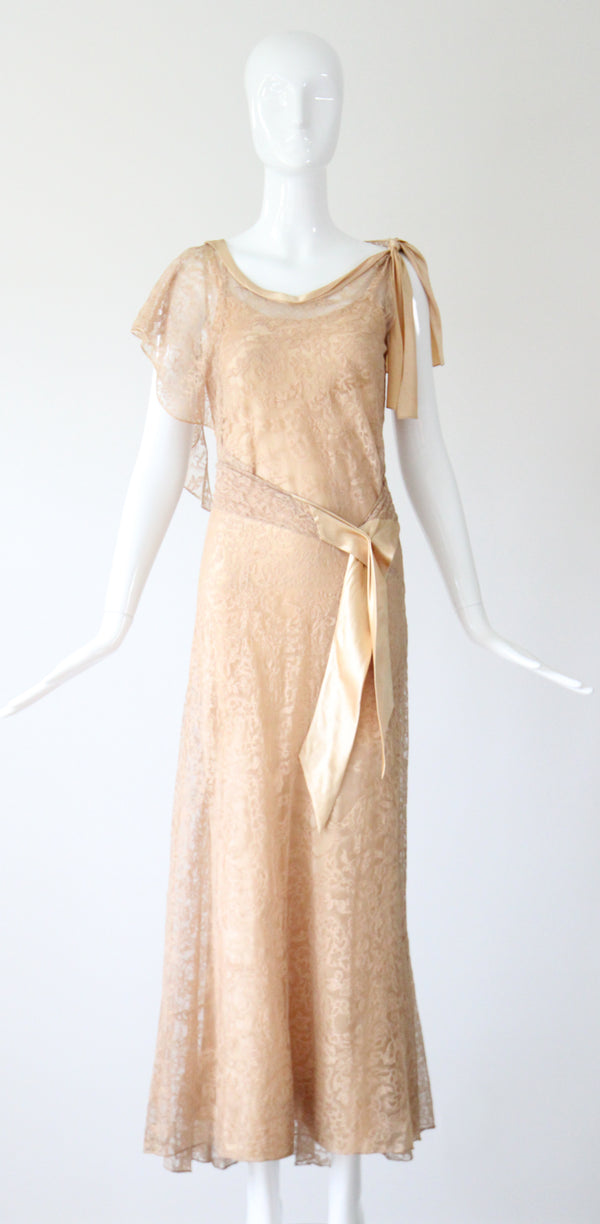 "Champagne Lace & Silk" Vintage 1930's Silk & Lace Evening Gown UK 6-8 US 2-4