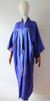 "Gold Dragon" Vintage 1940's Royal Blue Silk Gold Dragon Embroidered Kimono  UK 10-14 US 6-10