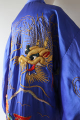 "Gold Dragon" Vintage 1940's Royal Blue Silk Gold Dragon Embroidered Kimono  UK 10-14 US 6-10