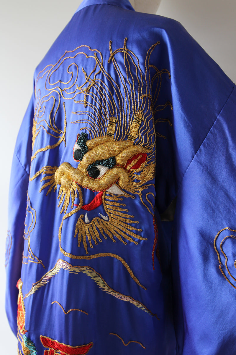 "Gold Dragon" Vintage 1940's Royal Blue Silk Gold Dragon Embroidered Kimono  UK 10-14 US 6-10