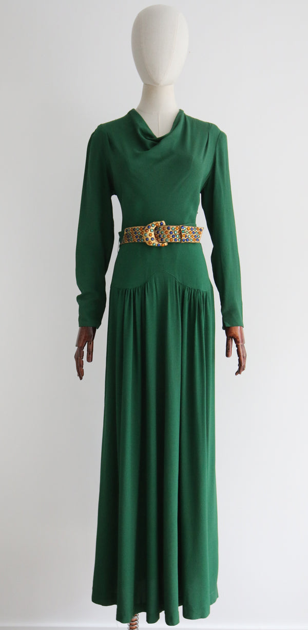 "Forest Green & Rhinestones" Vintage 1930's Forest Green Crepe Silk Dress UK 10-12 US 6-8