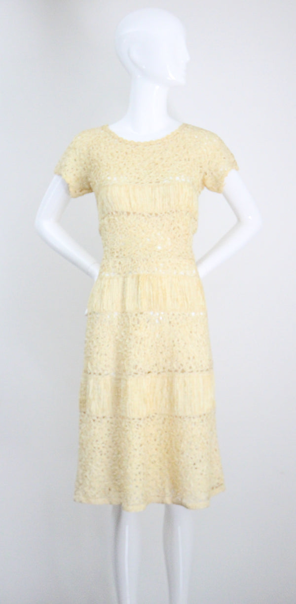 "Buttercream Ribbon Work" Vintage 1950's Buttercream Yellow Ribbon Work Dress UK 12 US 8