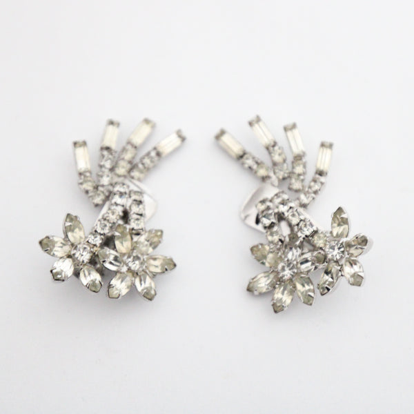 "Rhinestone Daisy Stems" Vintage 1950's Silver Daisy Rhinestone Climber Clip on Earrings