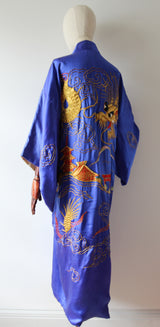 "Gold Dragon" Vintage 1940's Royal Blue Silk Gold Dragon Embroidered Kimono  UK 10-14 US 6-10