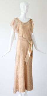 "Champagne Lace & Silk" Vintage 1930's Silk & Lace Evening Gown UK 6-8 US 2-4