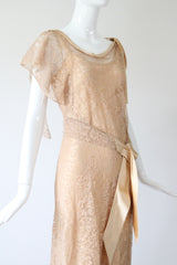 "Champagne Lace & Silk" Vintage 1930's Silk & Lace Evening Gown UK 6-8 US 2-4