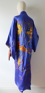 "Gold Dragon" Vintage 1940's Royal Blue Silk Gold Dragon Embroidered Kimono  UK 10-14 US 6-10