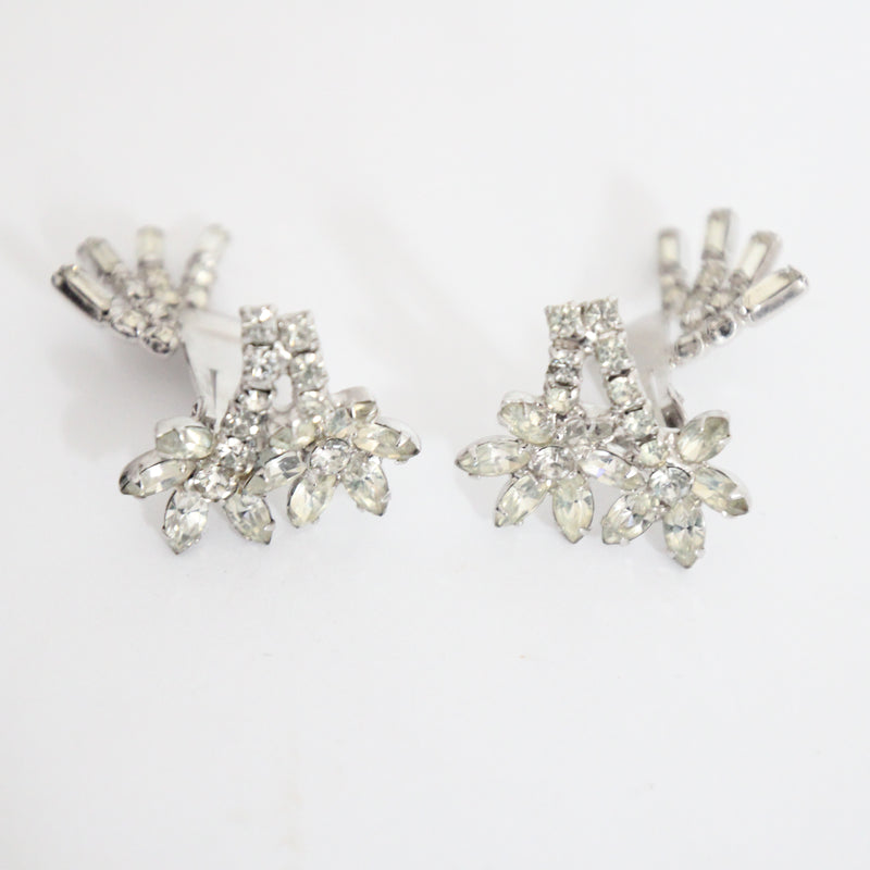 "Rhinestone Daisy Stems" Vintage 1950's Silver Daisy Rhinestone Climber Clip on Earrings