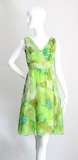 "Palette of Florals" Vintage 1960's Green Floral Chiffon Dress & Coat Ensemble UK 8-10 US 4-6