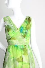 "Palette of Florals" Vintage 1960's Green Floral Chiffon Dress & Coat Ensemble UK 8-10 US 4-6