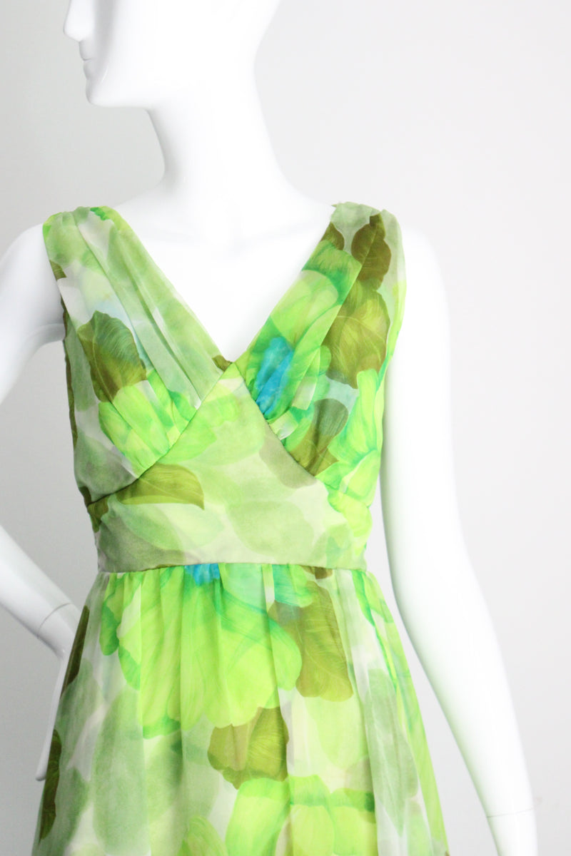 "Palette of Florals" Vintage 1960's Green Floral Chiffon Dress & Coat Ensemble UK 8-10 US 4-6