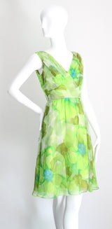 "Palette of Florals" Vintage 1960's Green Floral Chiffon Dress & Coat Ensemble UK 8-10 US 4-6