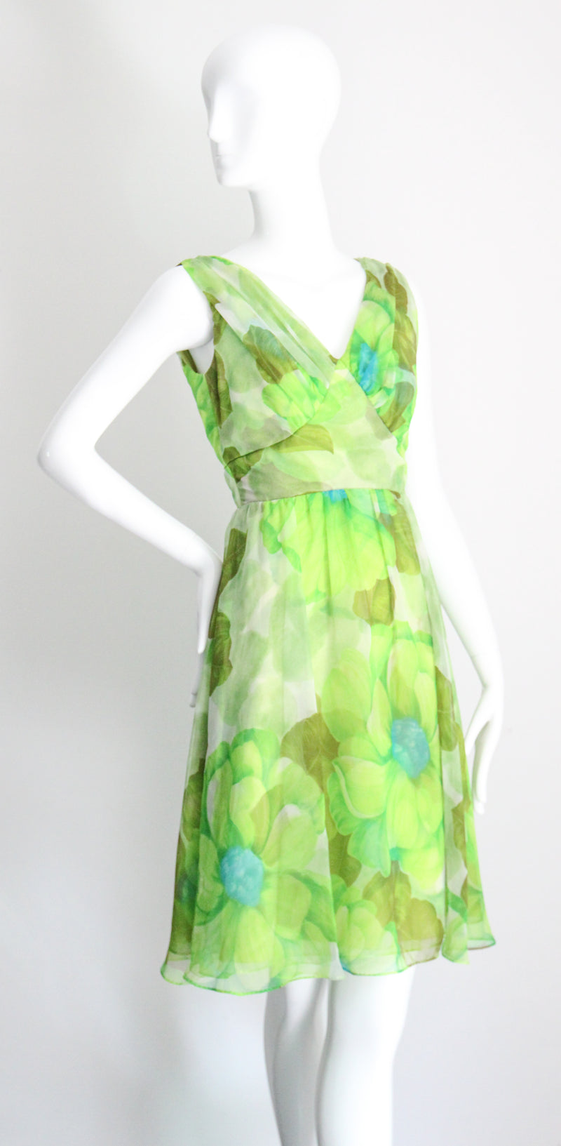 "Palette of Florals" Vintage 1960's Green Floral Chiffon Dress & Coat Ensemble UK 8-10 US 4-6