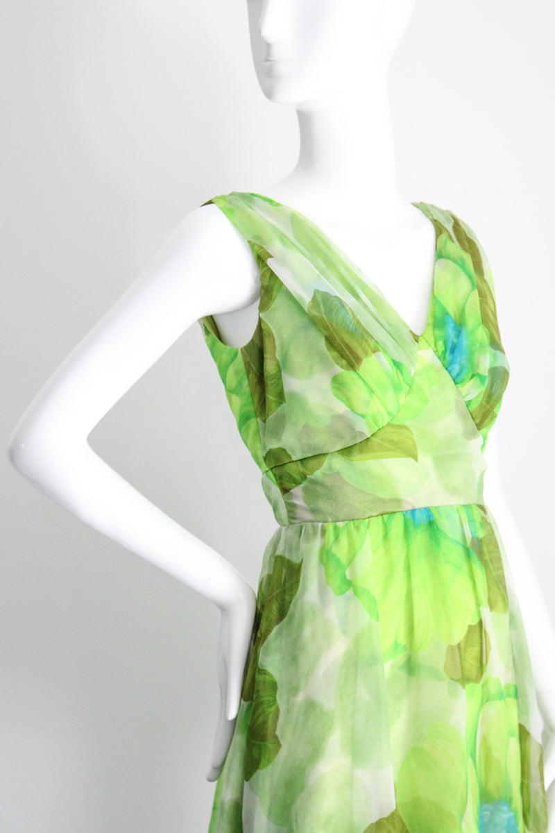 "Palette of Florals" Vintage 1960's Green Floral Chiffon Dress & Coat Ensemble UK 8-10 US 4-6