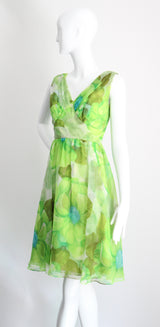 "Palette of Florals" Vintage 1960's Green Floral Chiffon Dress & Coat Ensemble UK 8-10 US 4-6