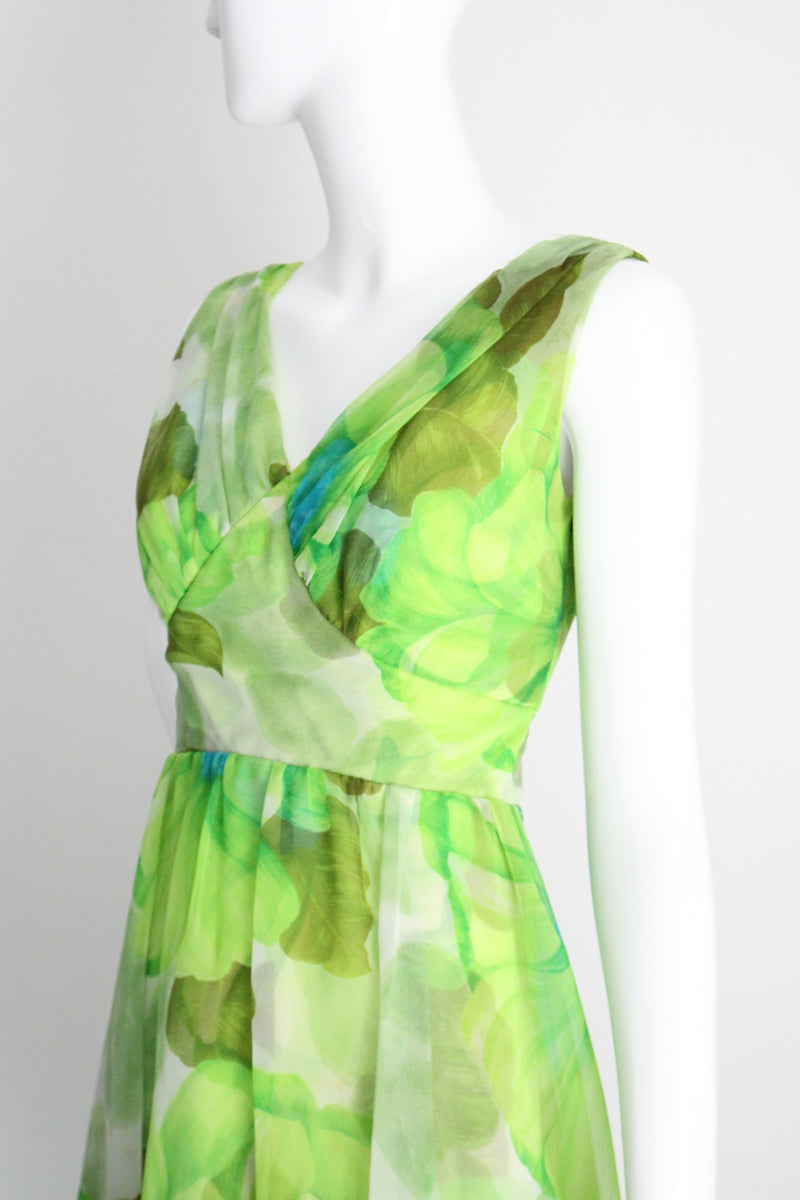 "Palette of Florals" Vintage 1960's Green Floral Chiffon Dress & Coat Ensemble UK 8-10 US 4-6