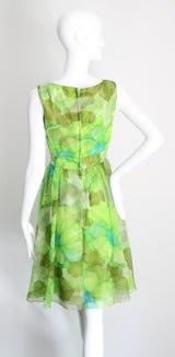 "Palette of Florals" Vintage 1960's Green Floral Chiffon Dress & Coat Ensemble UK 8-10 US 4-6