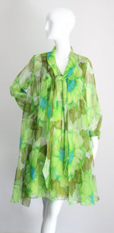 "Palette of Florals" Vintage 1960's Green Floral Chiffon Dress & Coat Ensemble UK 8-10 US 4-6