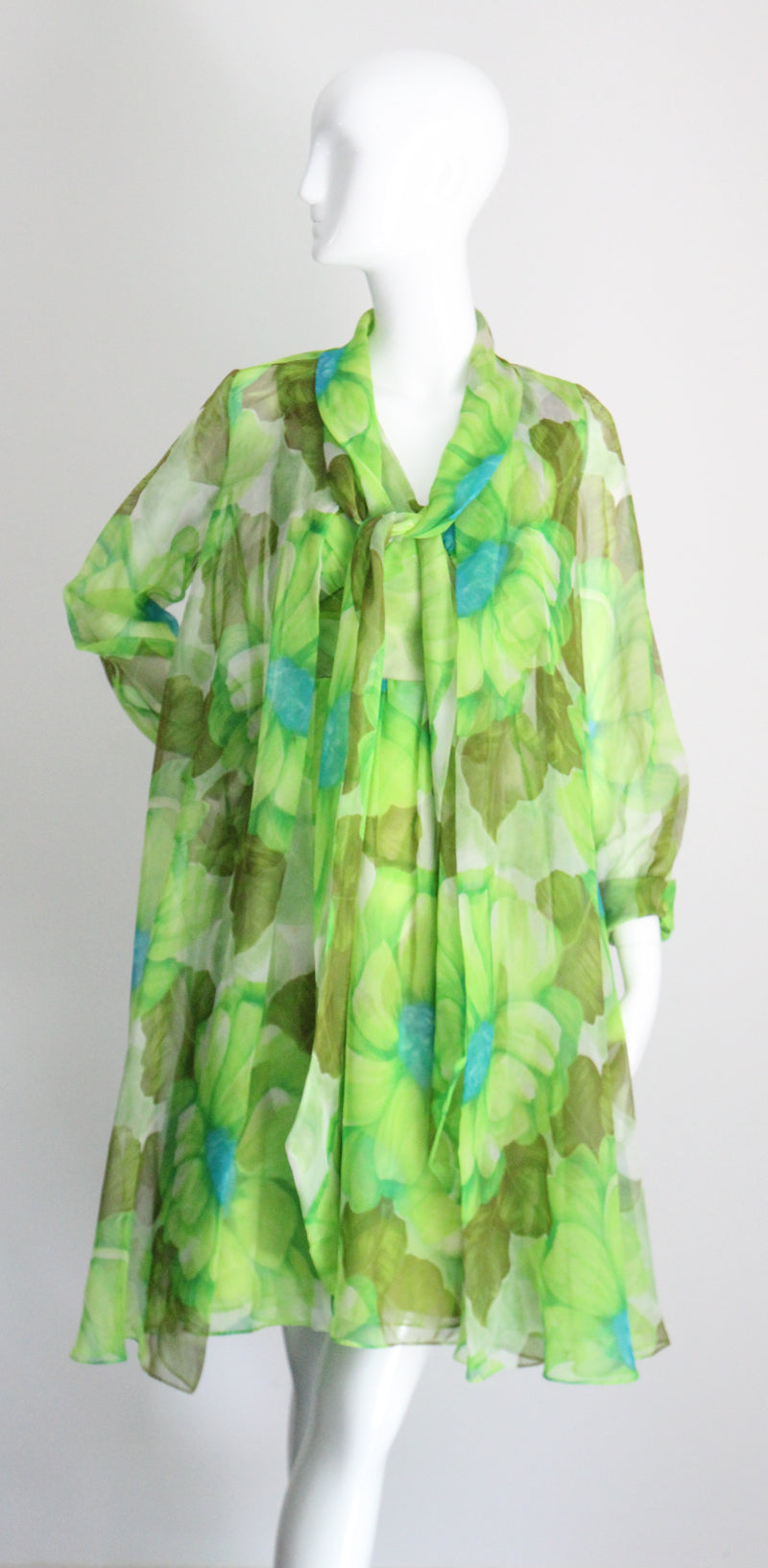 "Palette of Florals" Vintage 1960's Green Floral Chiffon Dress & Coat Ensemble UK 8-10 US 4-6