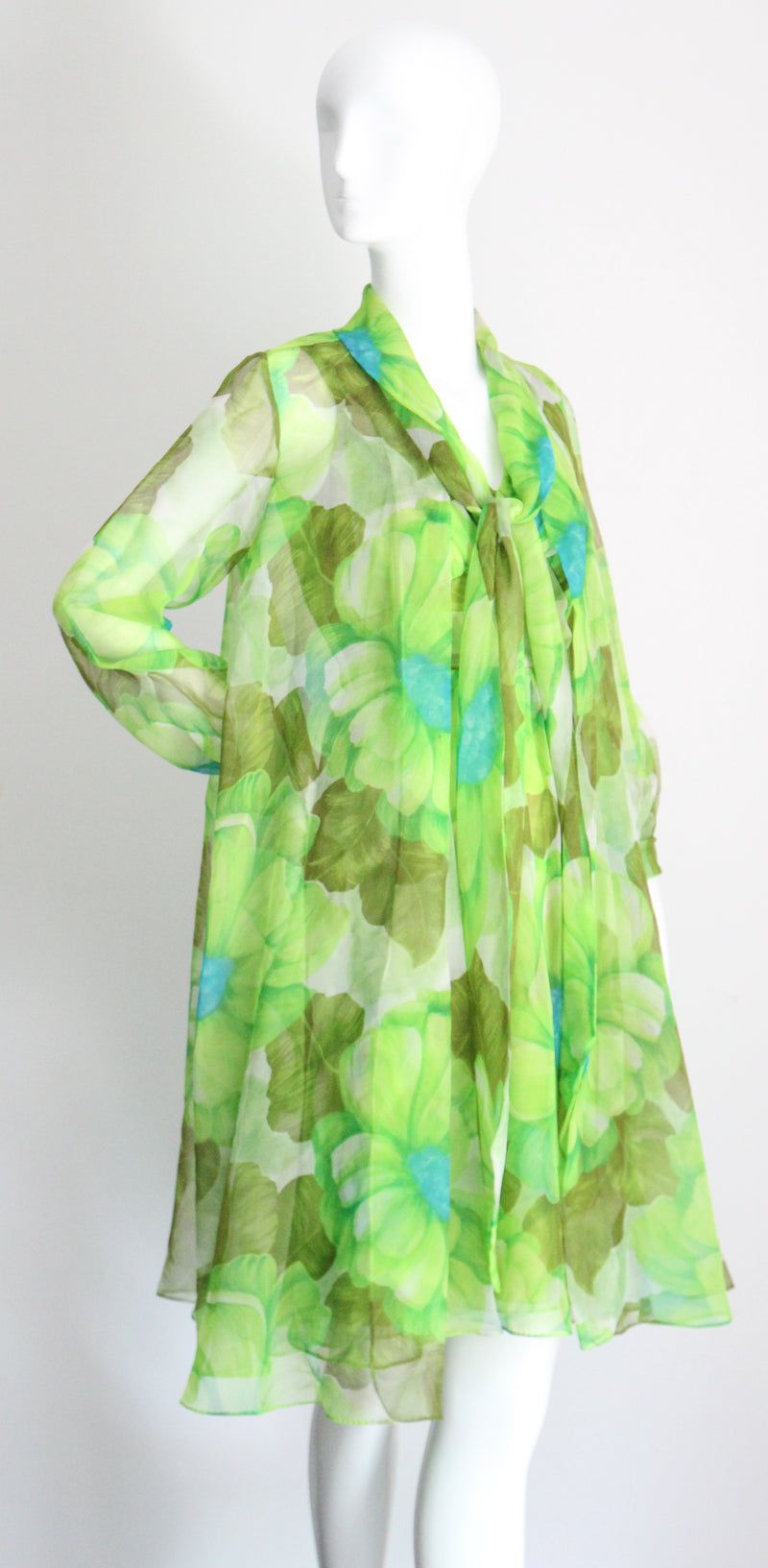 "Palette of Florals" Vintage 1960's Green Floral Chiffon Dress & Coat Ensemble UK 8-10 US 4-6