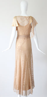 "Champagne Lace & Silk" Vintage 1930's Silk & Lace Evening Gown UK 6-8 US 2-4