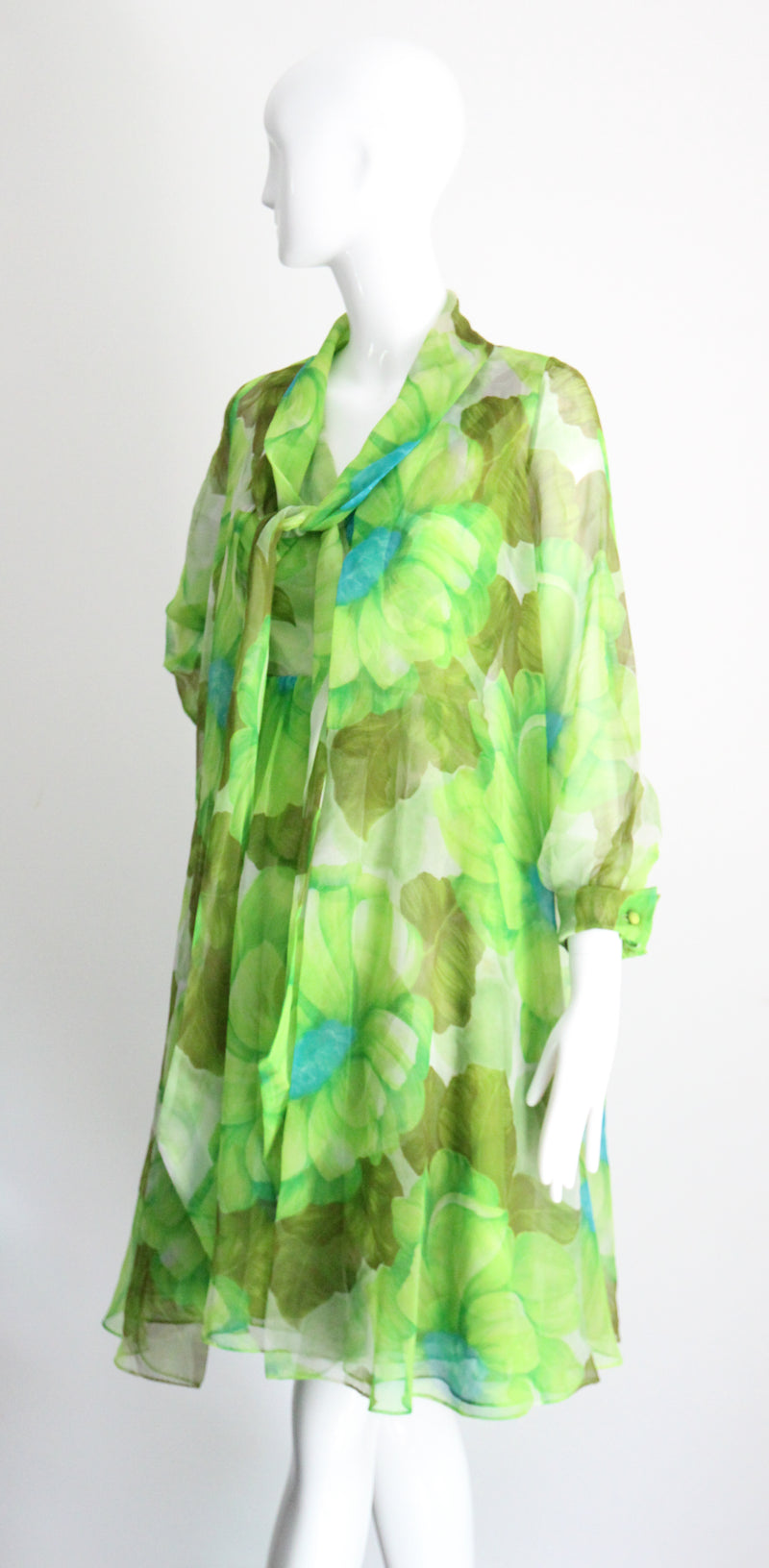 "Palette of Florals" Vintage 1960's Green Floral Chiffon Dress & Coat Ensemble UK 8-10 US 4-6
