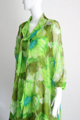 "Palette of Florals" Vintage 1960's Green Floral Chiffon Dress & Coat Ensemble UK 8-10 US 4-6