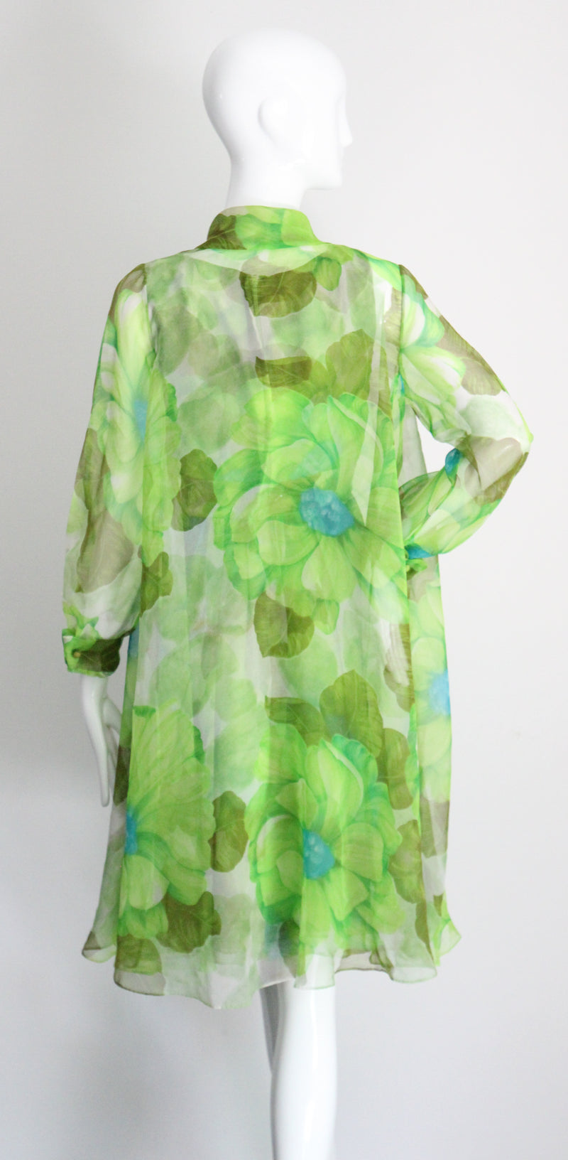 "Palette of Florals" Vintage 1960's Green Floral Chiffon Dress & Coat Ensemble UK 8-10 US 4-6