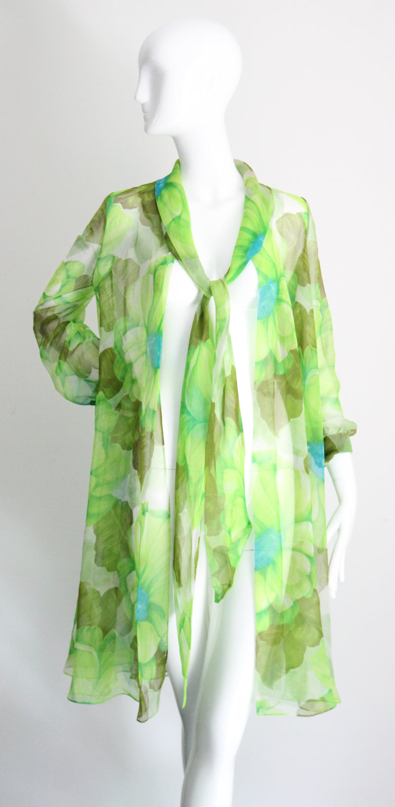 "Palette of Florals" Vintage 1960's Green Floral Chiffon Dress & Coat Ensemble UK 8-10 US 4-6