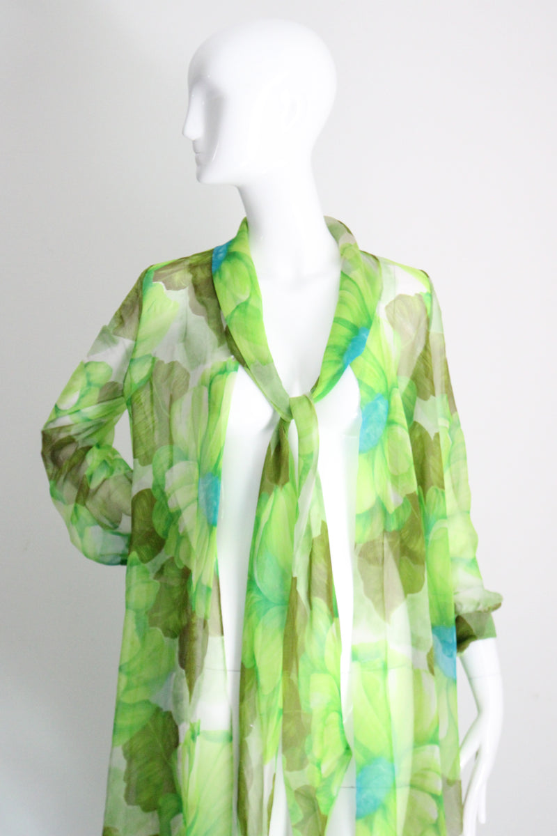 "Palette of Florals" Vintage 1960's Green Floral Chiffon Dress & Coat Ensemble UK 8-10 US 4-6
