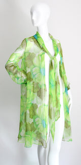 "Palette of Florals" Vintage 1960's Green Floral Chiffon Dress & Coat Ensemble UK 8-10 US 4-6