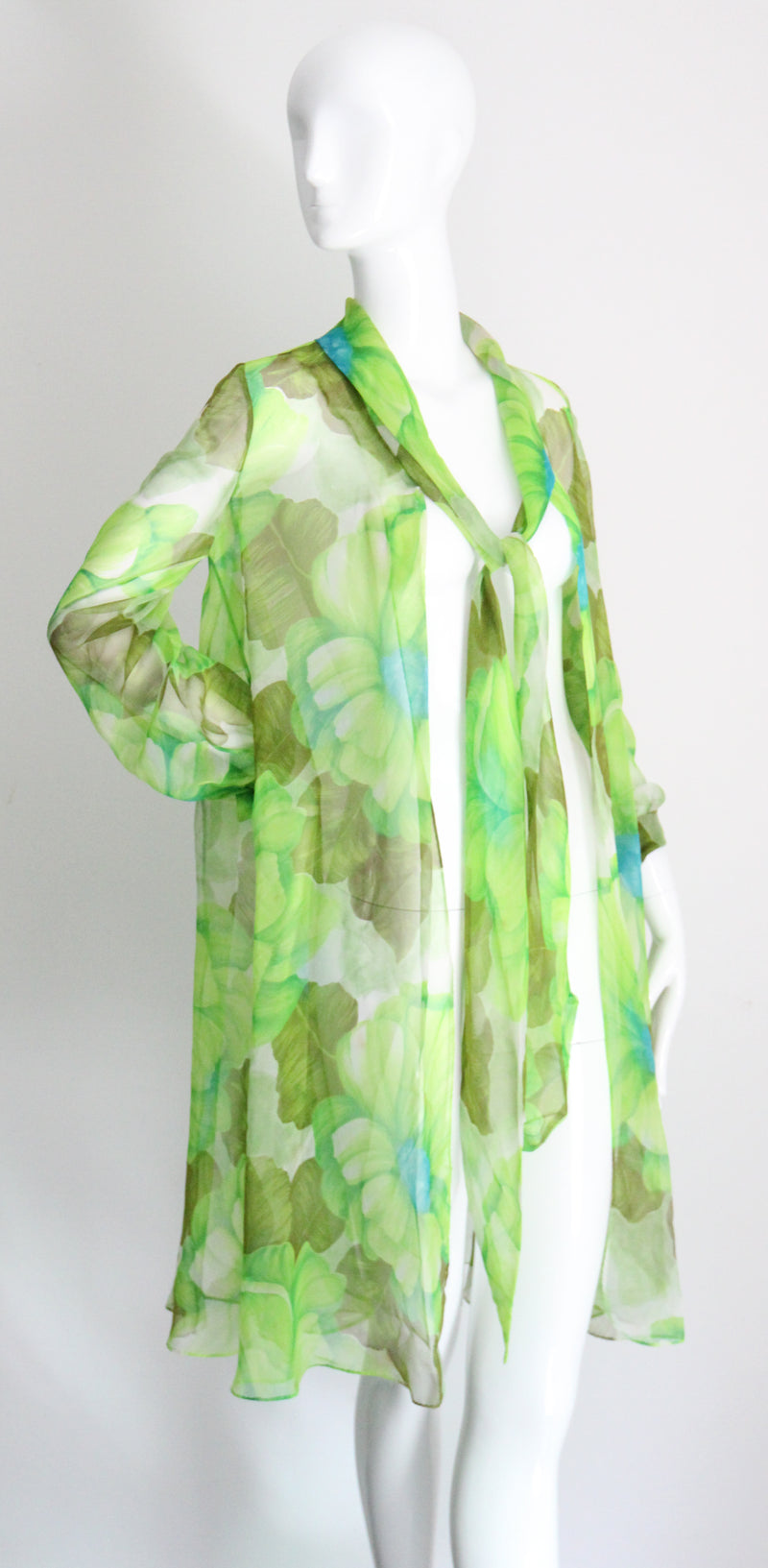 "Palette of Florals" Vintage 1960's Green Floral Chiffon Dress & Coat Ensemble UK 8-10 US 4-6