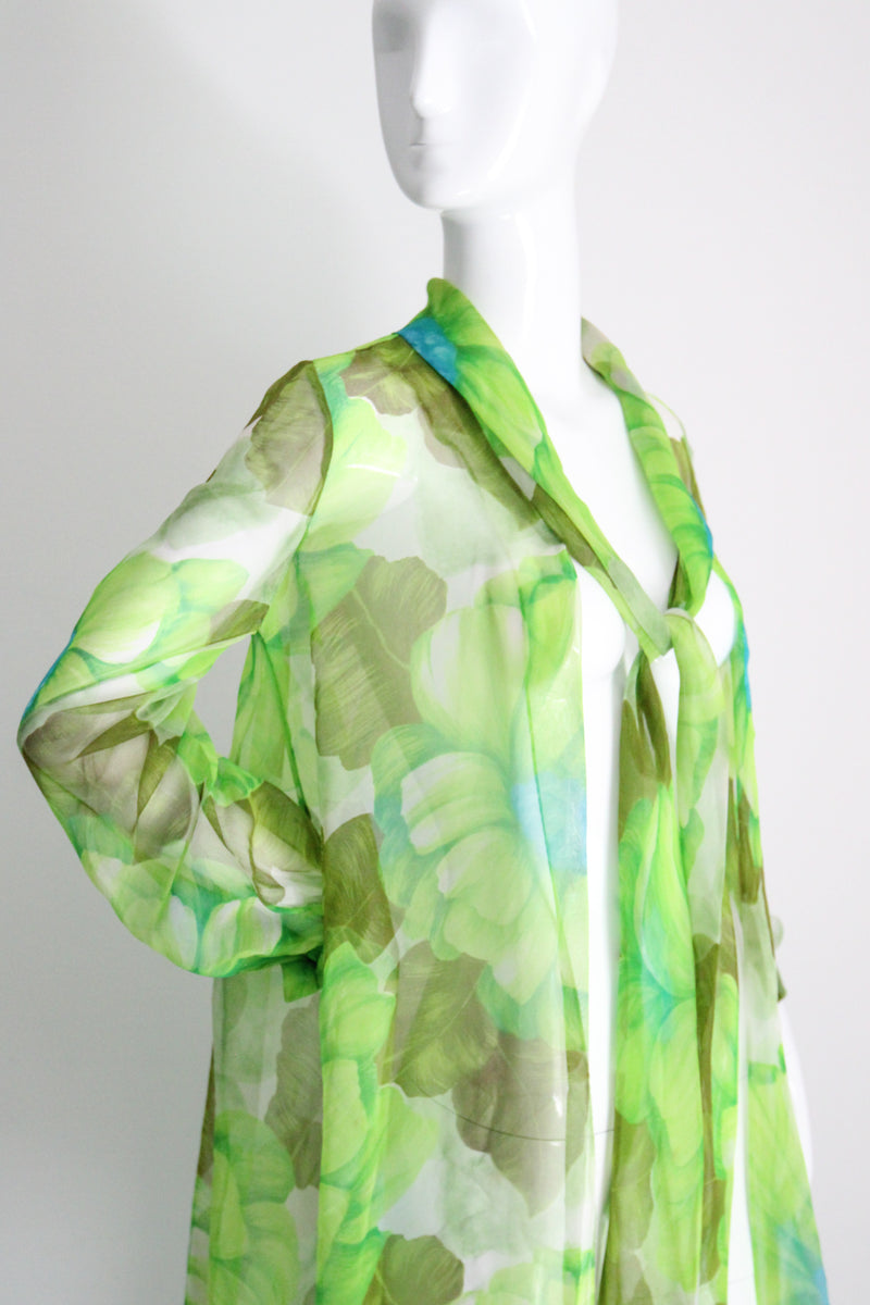 "Palette of Florals" Vintage 1960's Green Floral Chiffon Dress & Coat Ensemble UK 8-10 US 4-6