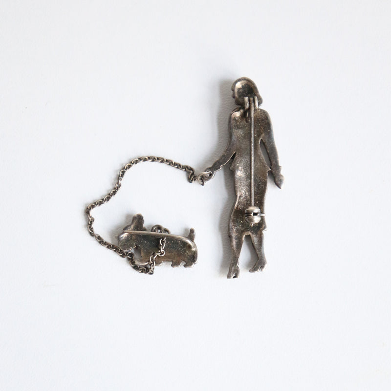 "La Promenade" Vintage 1940's Silver & Marcasite Chatelaine Brooch