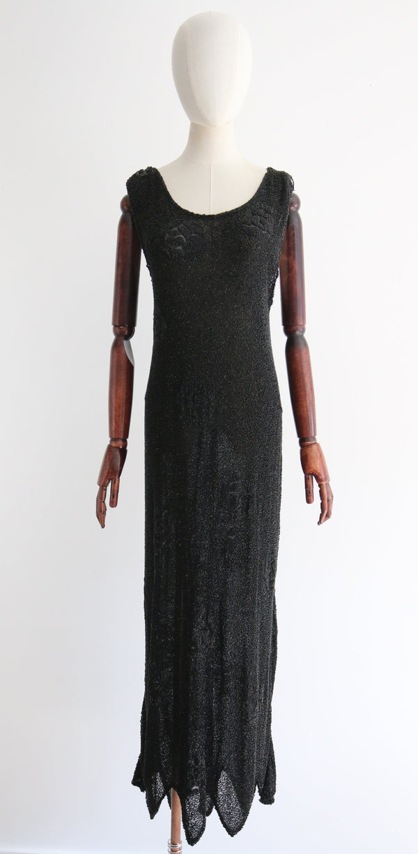 "Art Deco Roses" Vintage 1920's Black Beaded Evening Dress UK 12-14 US 8-10