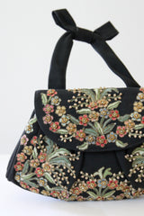 "Pearl Embroidered Florals" Vintage 1940's Floral & Beaded Embellished Wristlet Bag