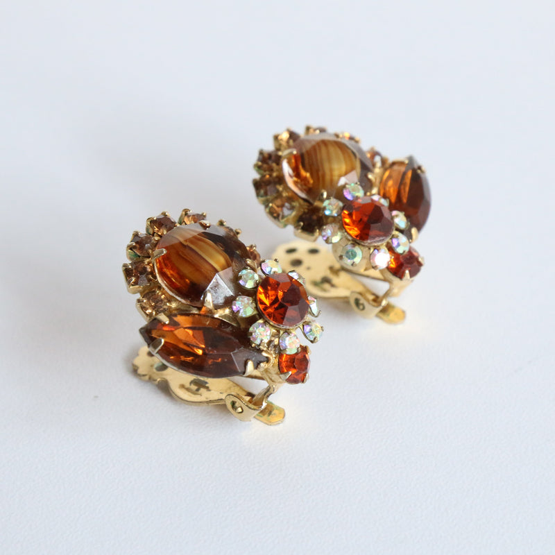 "Tigers Eye Rhinestones" Vintage 1950's Rhinestone Bracelet & Clip On Earrings Demi-Parure Set