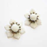 "Milk Glass & Rhinestones" Vintage 1940's Milk Glass & Rhinestone Floral Miriam Haskell Clip on Earrings