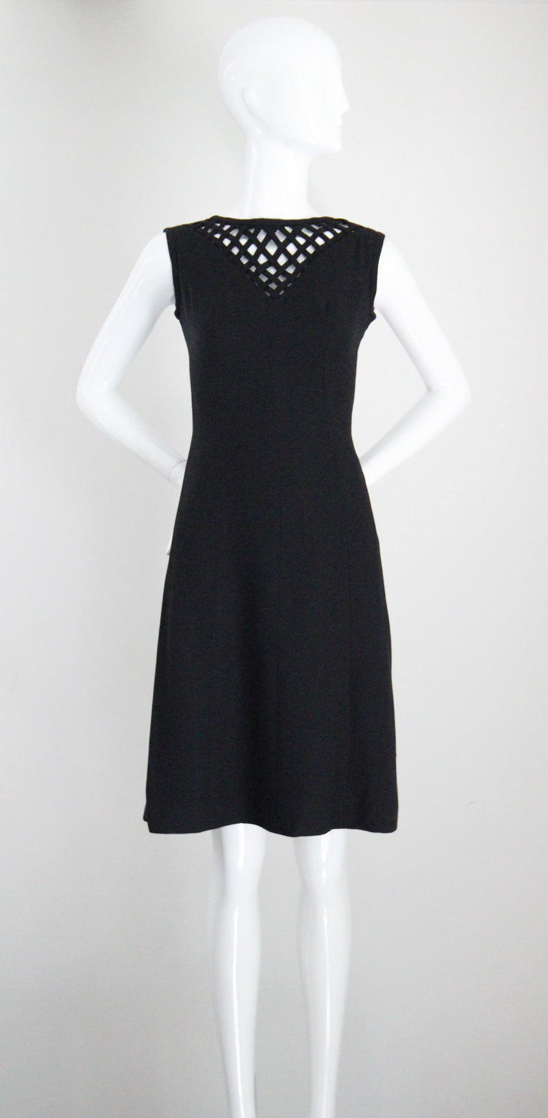 "Lattice Neckline" Vintage 1960's Black Lattice Neckline Dress Petite UK 8 US 4