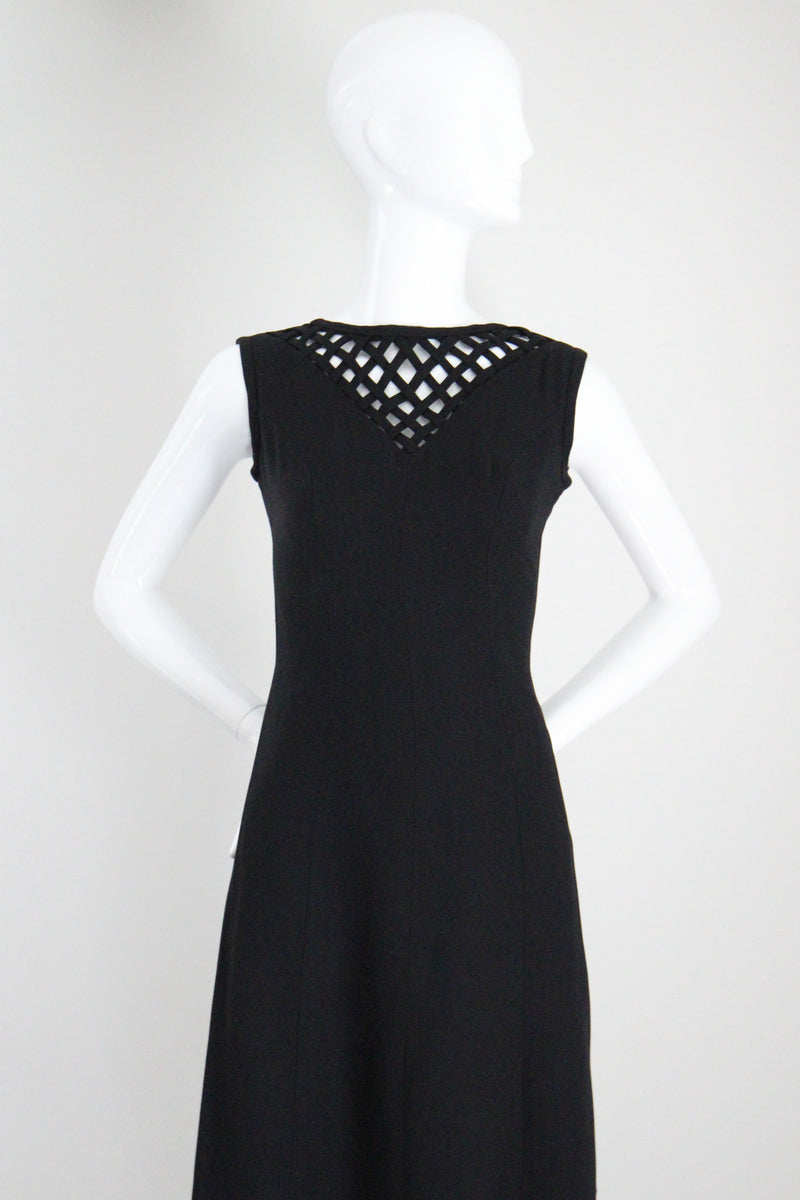 "Lattice Neckline" Vintage 1960's Black Lattice Neckline Dress Petite UK 8 US 4