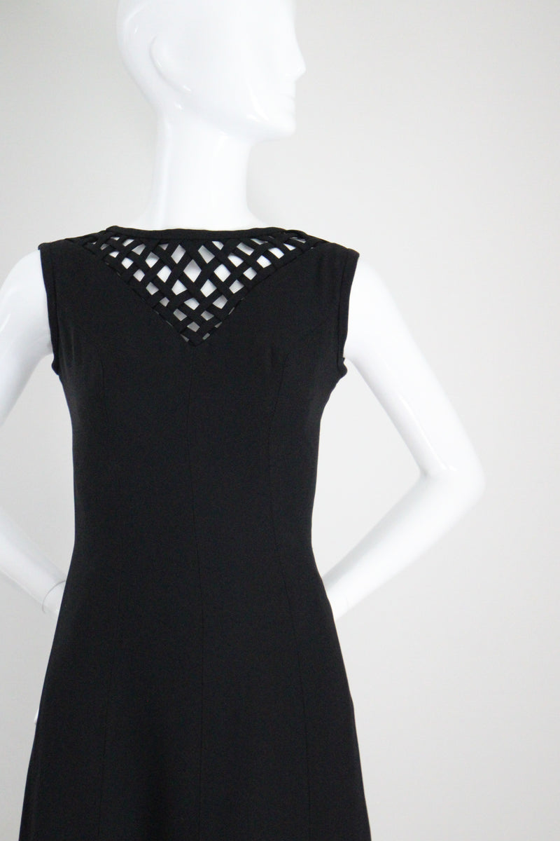 "Lattice Neckline" Vintage 1960's Black Lattice Neckline Dress Petite UK 8 US 4