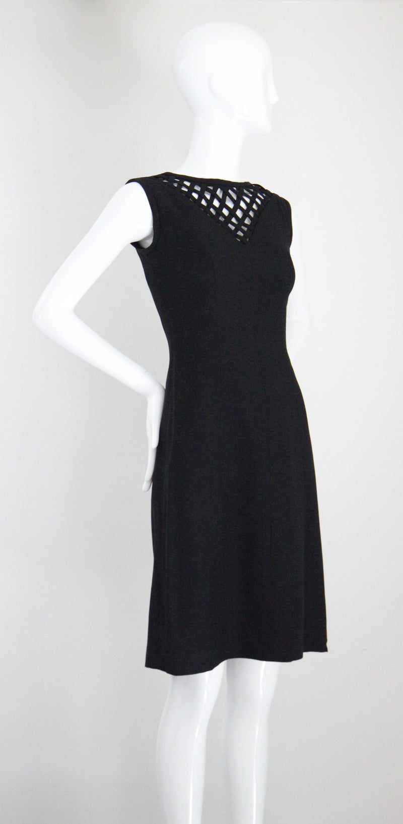 "Lattice Neckline" Vintage 1960's Black Lattice Neckline Dress Petite UK 8 US 4