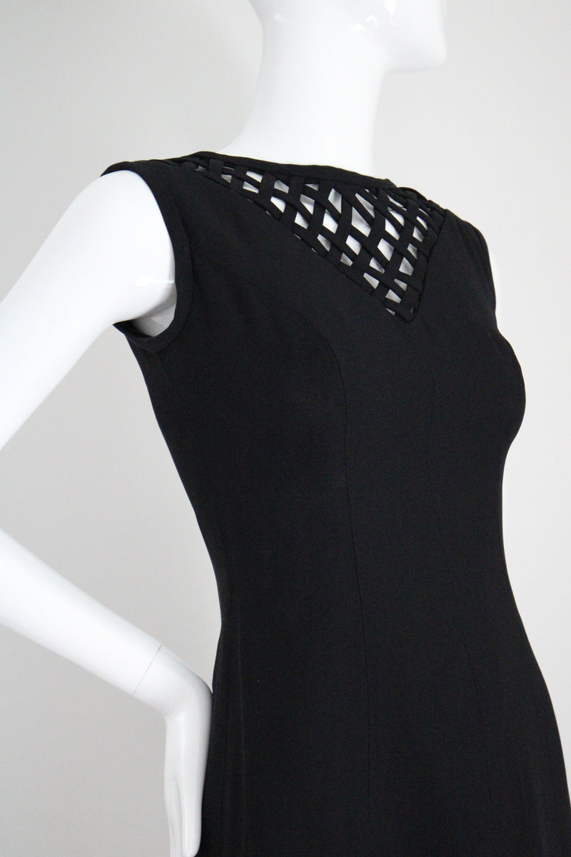 "Lattice Neckline" Vintage 1960's Black Lattice Neckline Dress Petite UK 8 US 4