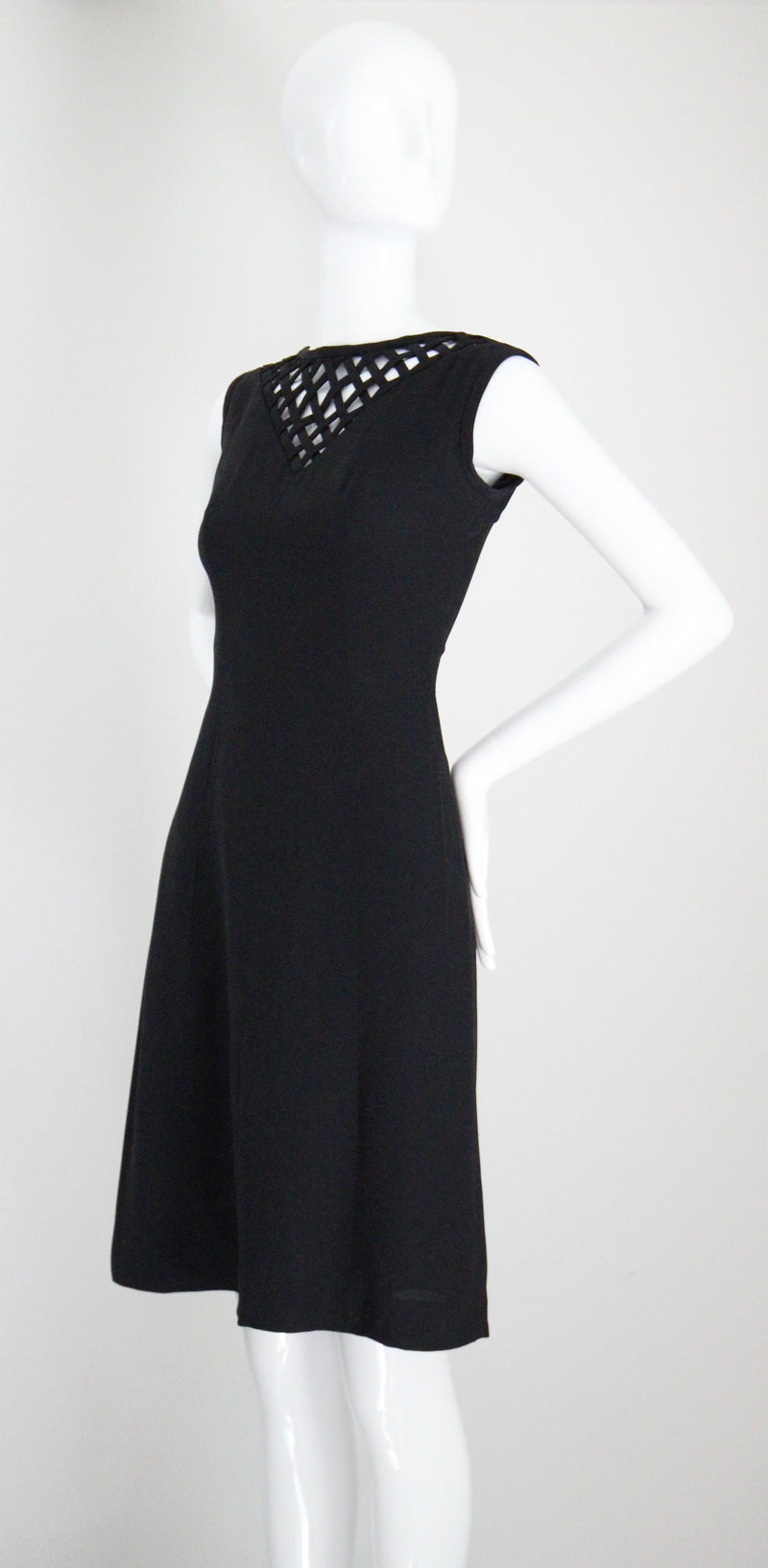 "Lattice Neckline" Vintage 1960's Black Lattice Neckline Dress Petite UK 8 US 4