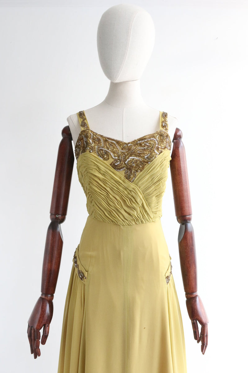 "Chartreuse Pleats" Vintage 1940's Chartreuse Silk Chiffon & Beaded Evening Dress UK 12 US 8