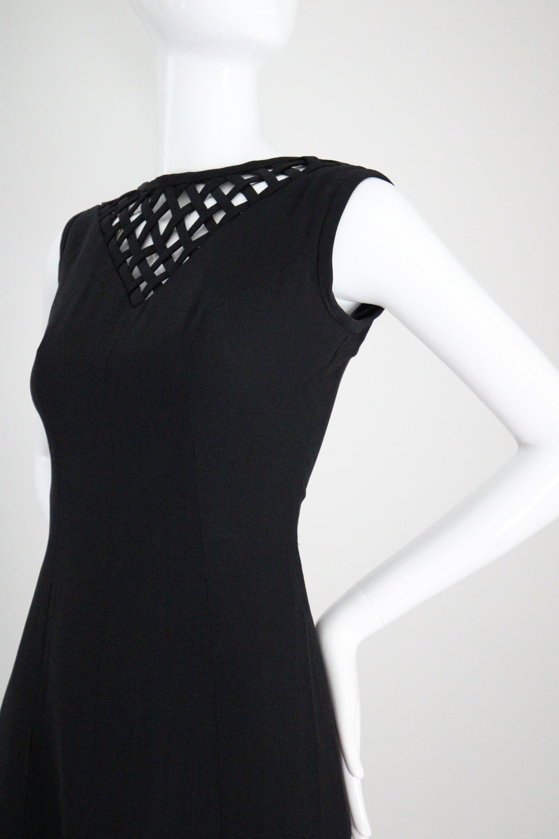 "Lattice Neckline" Vintage 1960's Black Lattice Neckline Dress Petite UK 8 US 4